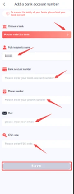55 Club bank account form with account and bank detail fields
