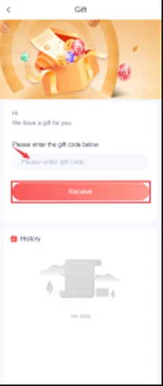 55 Club gift screen with a field for entering a code