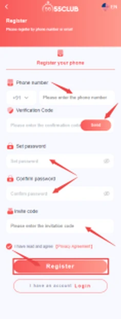 55 Club register screen with phone number, verification code, password and invite code fields