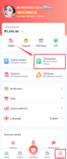 55 Club account area highlighting transaction history
